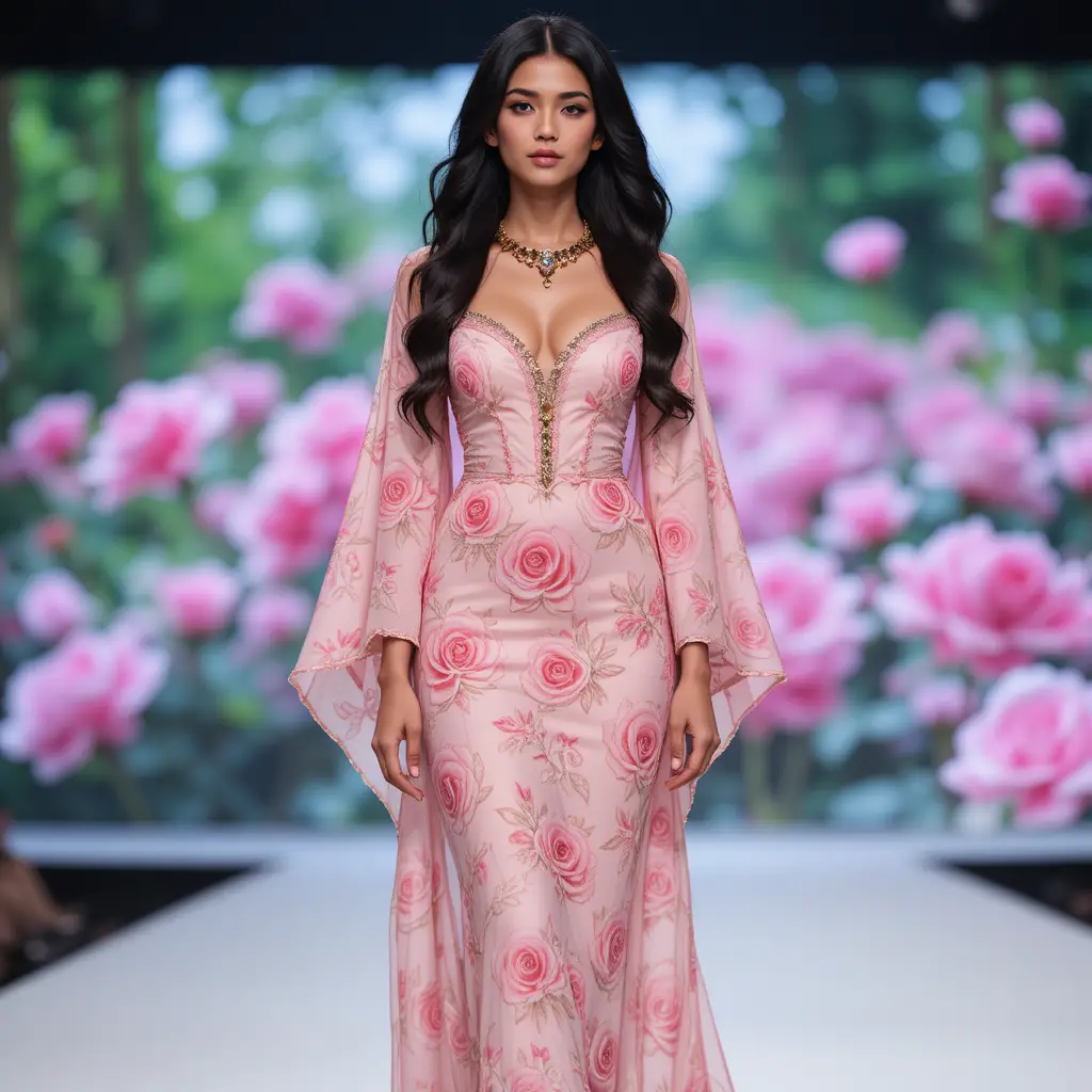 Elegant woman in pink rose dress on white runway