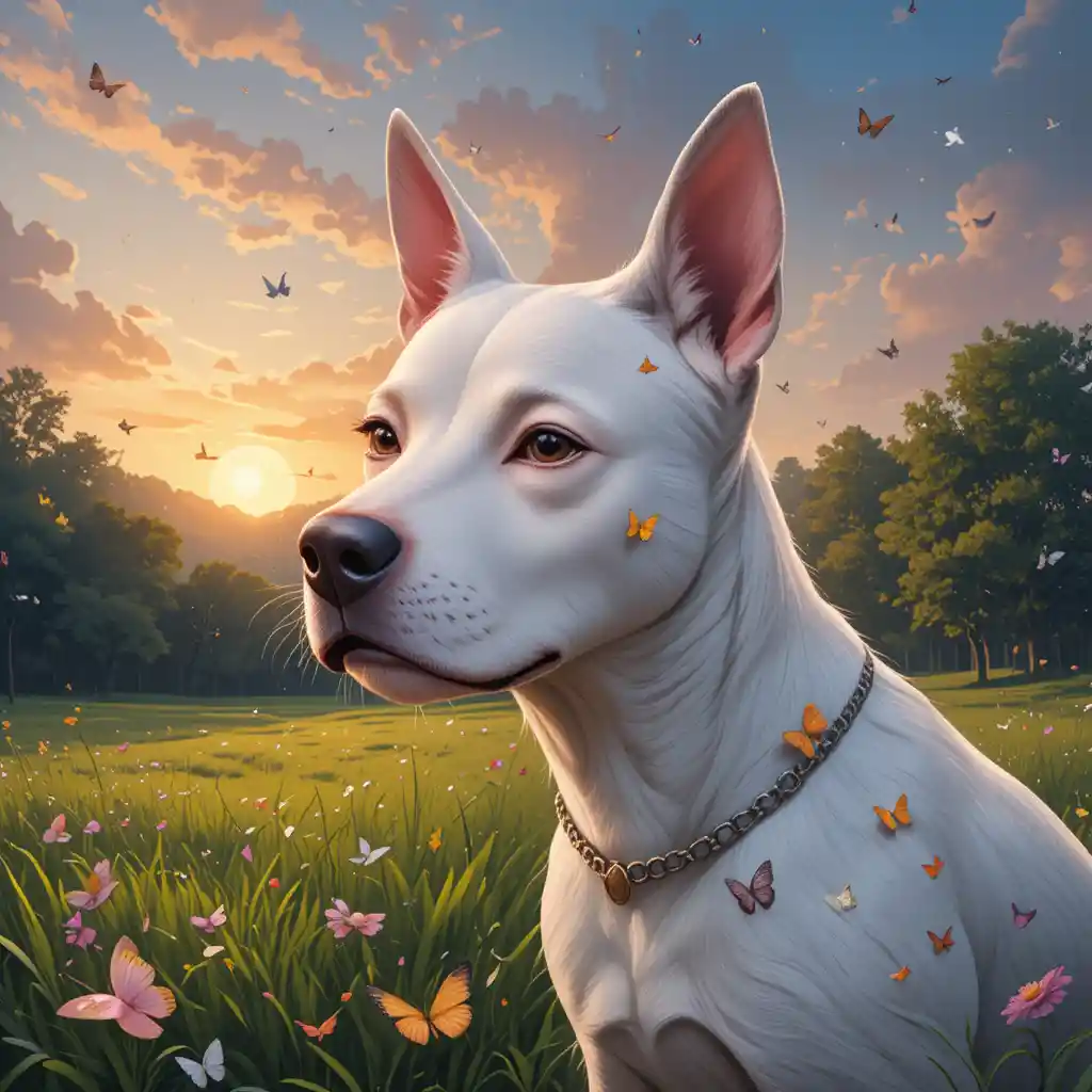 Brindle staffy dog in a sunrise park with butterflies