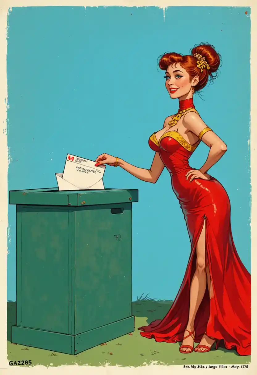 Verspielte rothaarige Pin-up schickt draußen einen Brief
