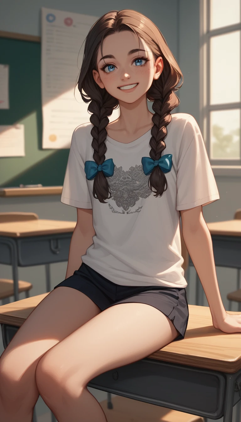 Smiling schoolgirl relaxing at her desk in a classroom
