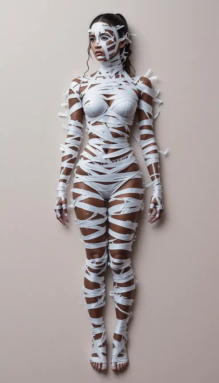 Jeune femme en pose, enveloppée de body art en ruban blanc