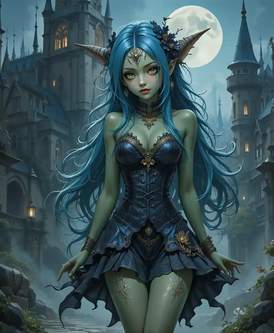 Garota goblin gótica em frente a um castelo de fantasia
