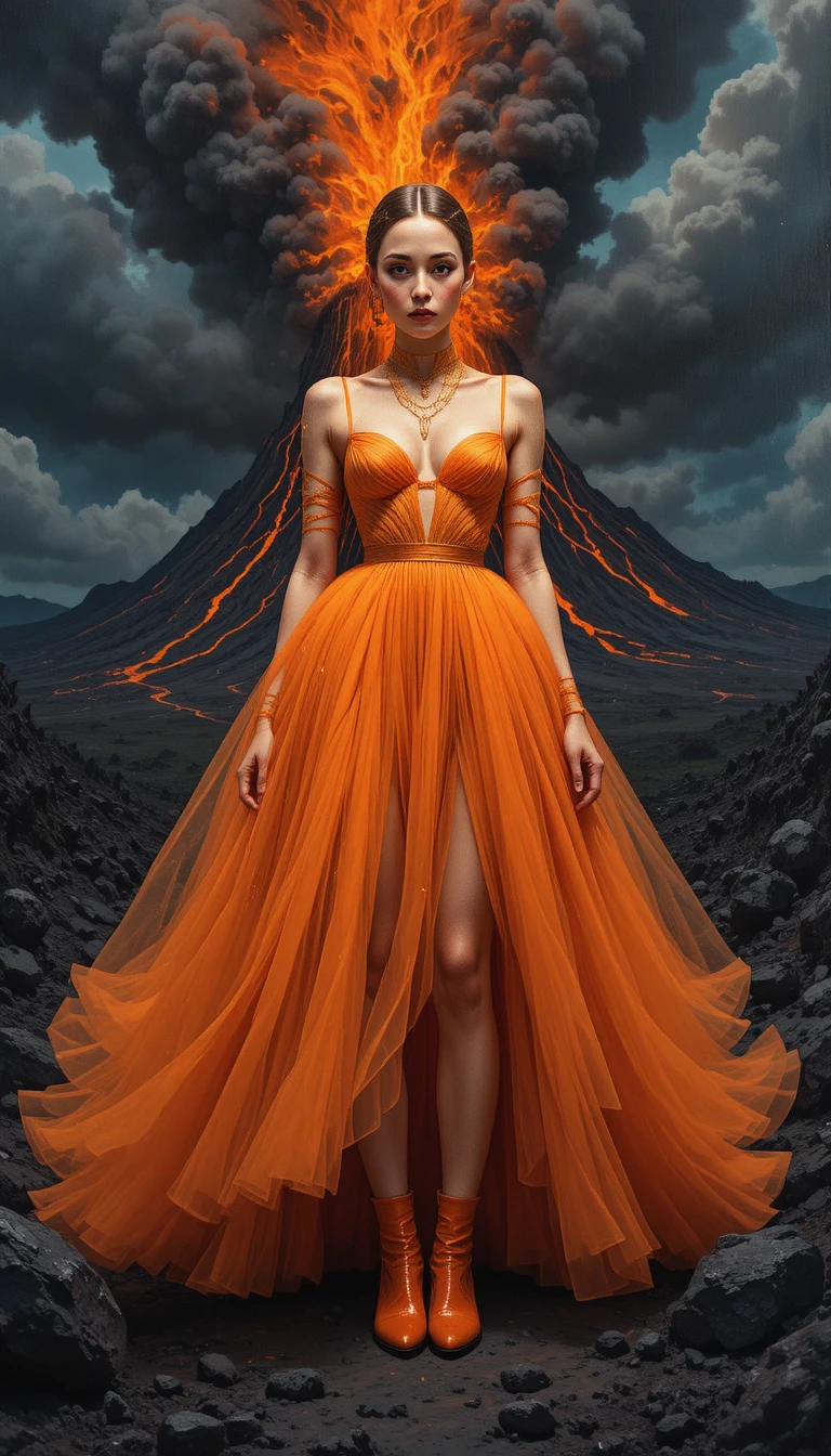 Surreal woman in vivid orange before erupting volcano