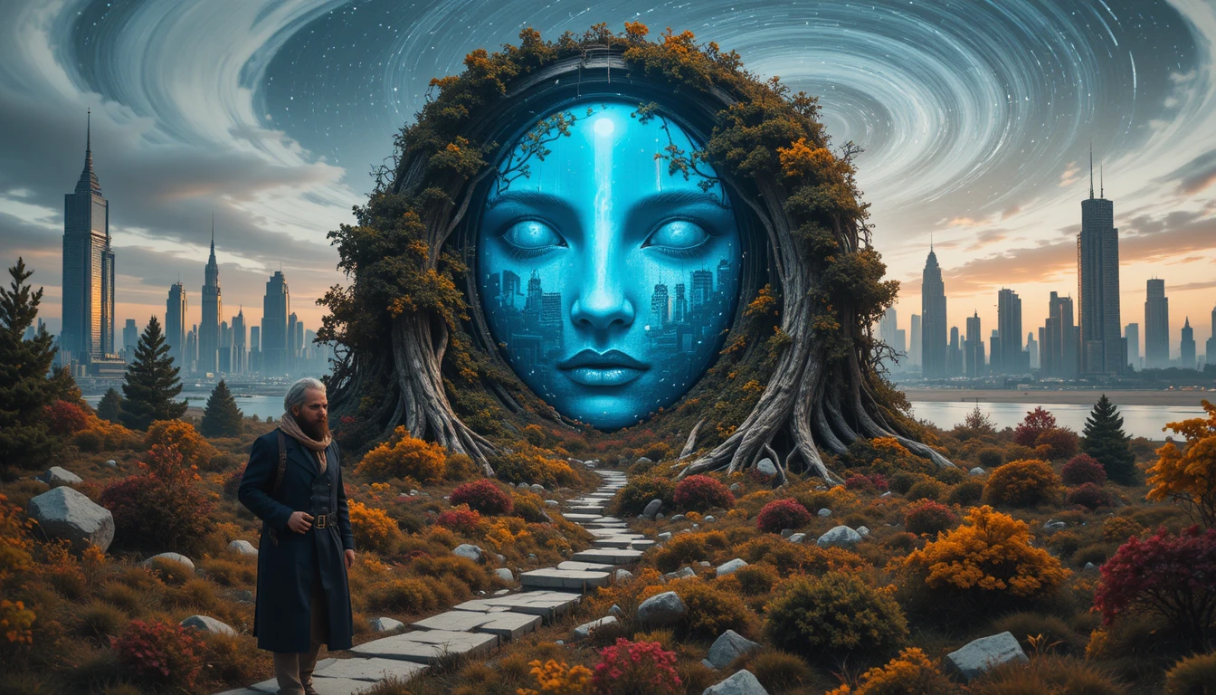 Femme survivante solitaire marchant dans une ville futuriste en ruines