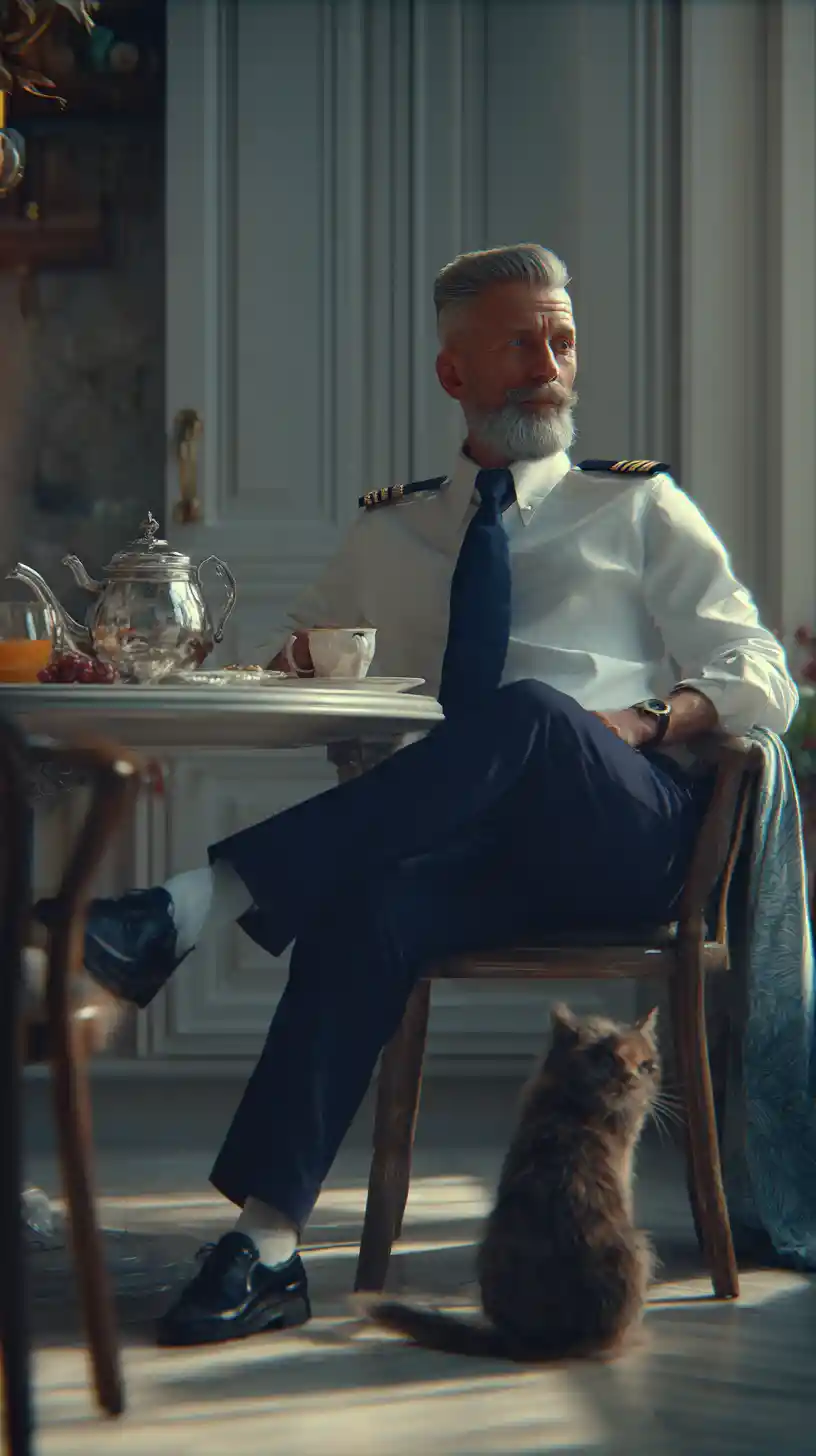Airline pilot having breakfast in a bright modern kitchen