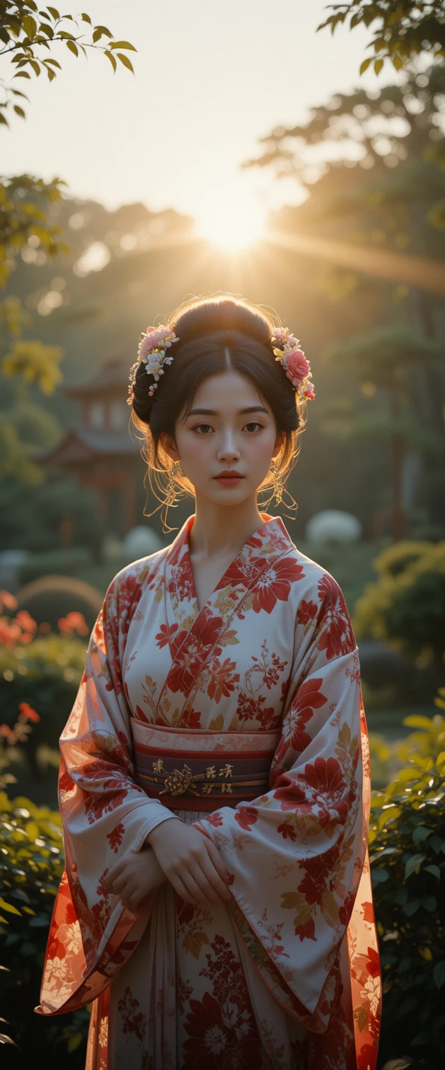 Elegante japanische Frau im Kimono in einem ruhigen Garten