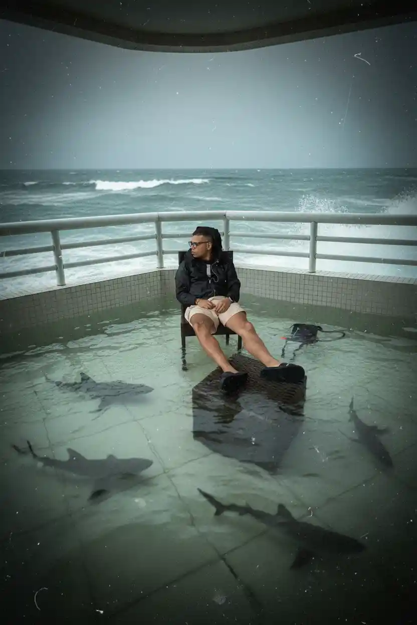 Man Sitting On Chair Above Water With Surrounding Sharks
