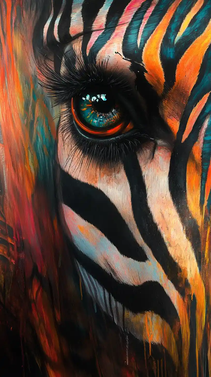 Surreal mixed media zebra portrait with mysterious optical eyes