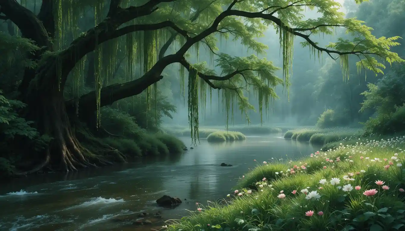 Misty forest river winding through lush green vegetation