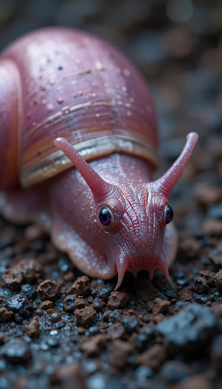 Caracol rosa metálico con grandes ojos morados sobre grava mojada