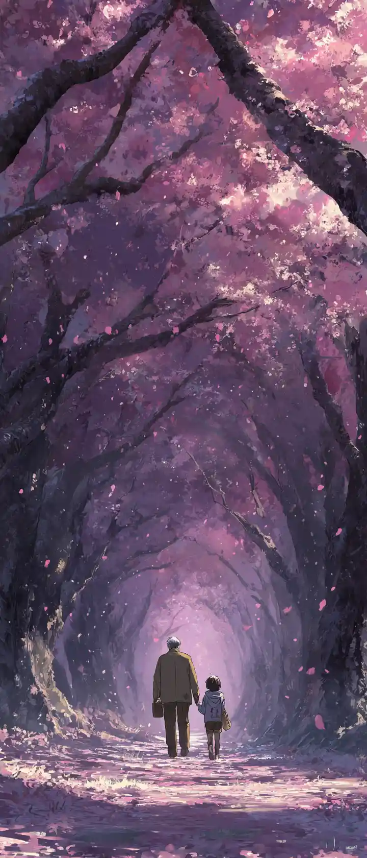 Old Man And Younger Self Walking Under Cherry Blossoms