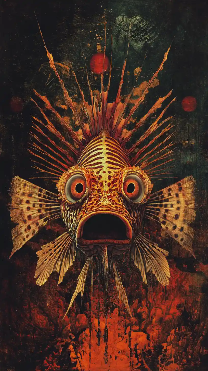 Poisson-lion surréaliste émergeant d’un abîme sombre et tortueux