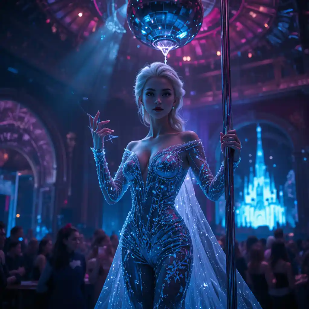 Sensual ice queen posing on a pole in club light