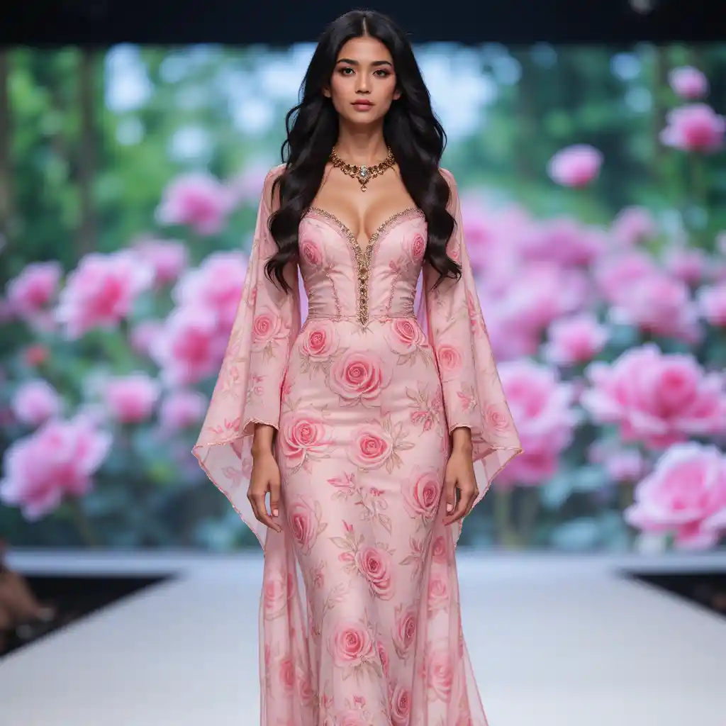 Elegant woman in pink rose dress on white runway