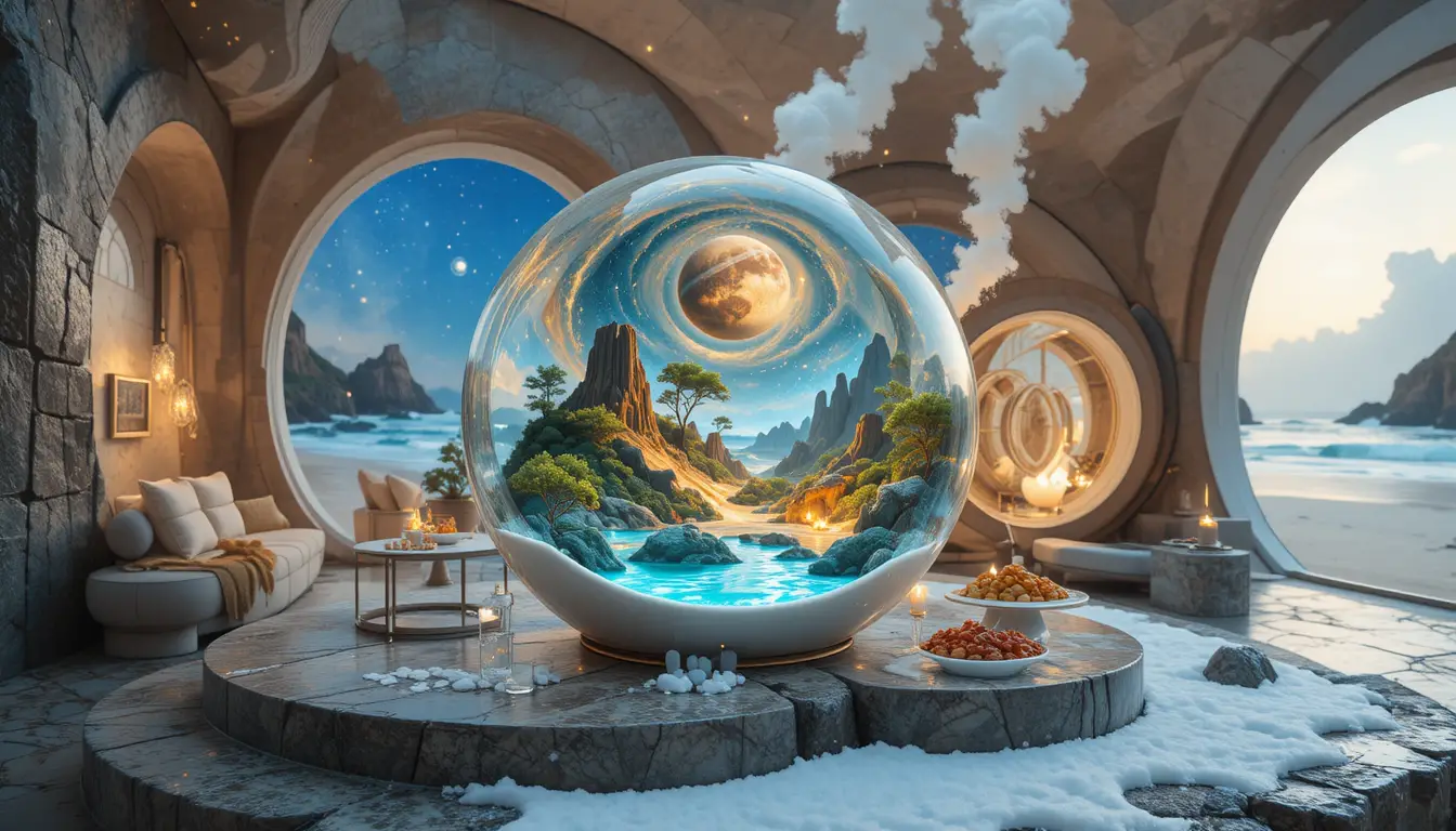Casa futuristica sul mare con giardino luminoso e onde dell’oceano