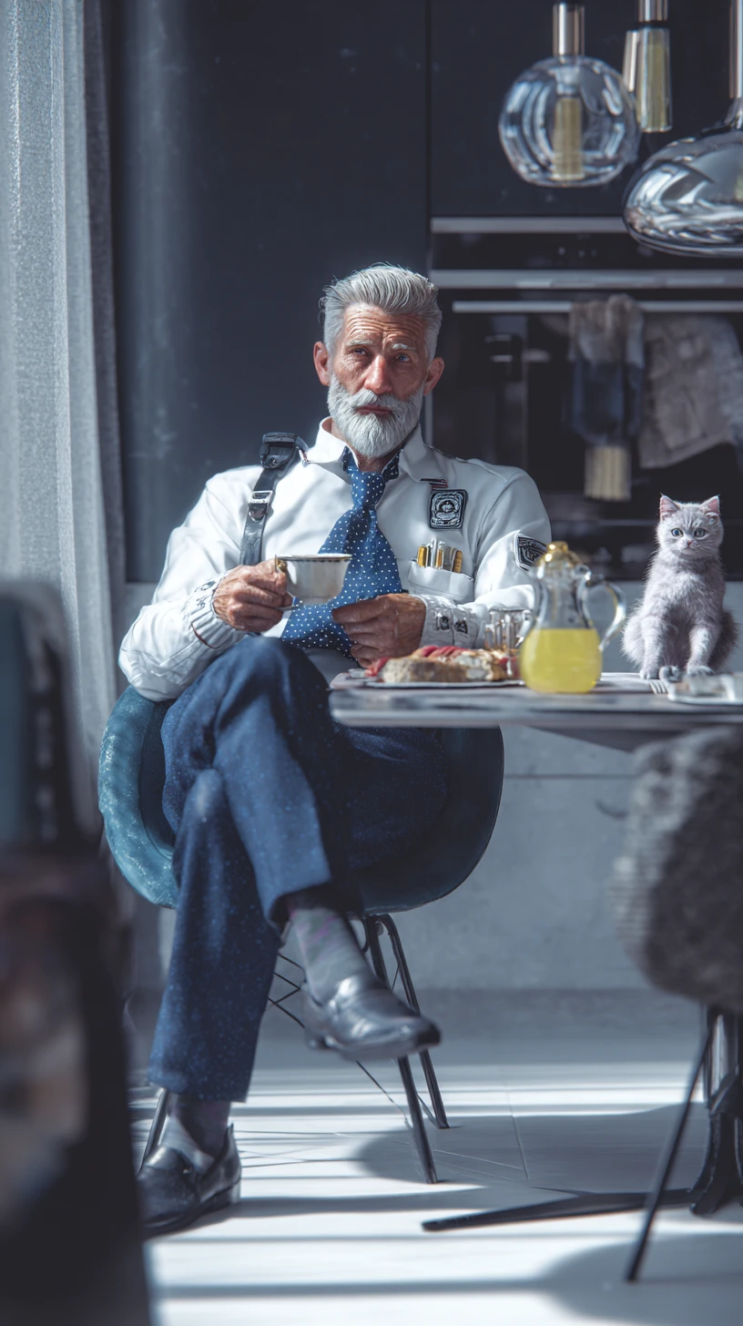 Airline pilot having breakfast in a bright modern kitchen