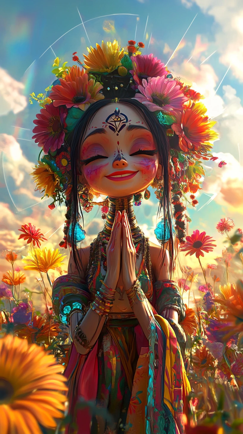 Smiling woman in traditional lele doll outfit among flowers