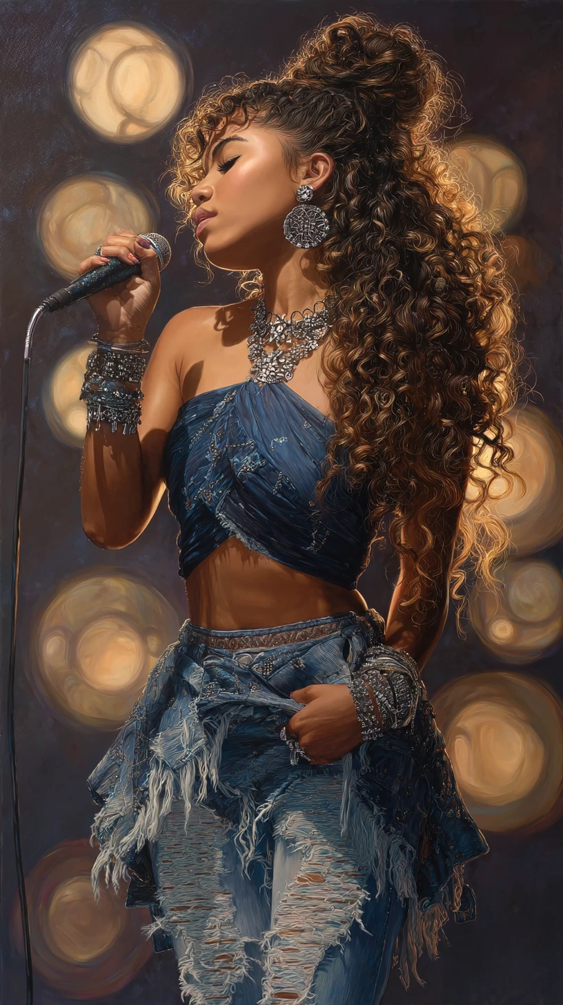 Peruvian fashion singer performing on stage with band