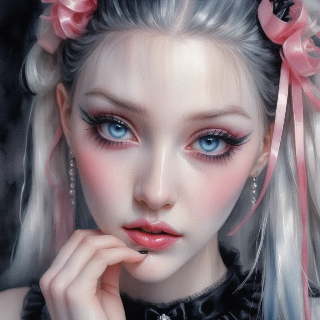 Anime girl in gothic lolita dress in a lavish boudoir