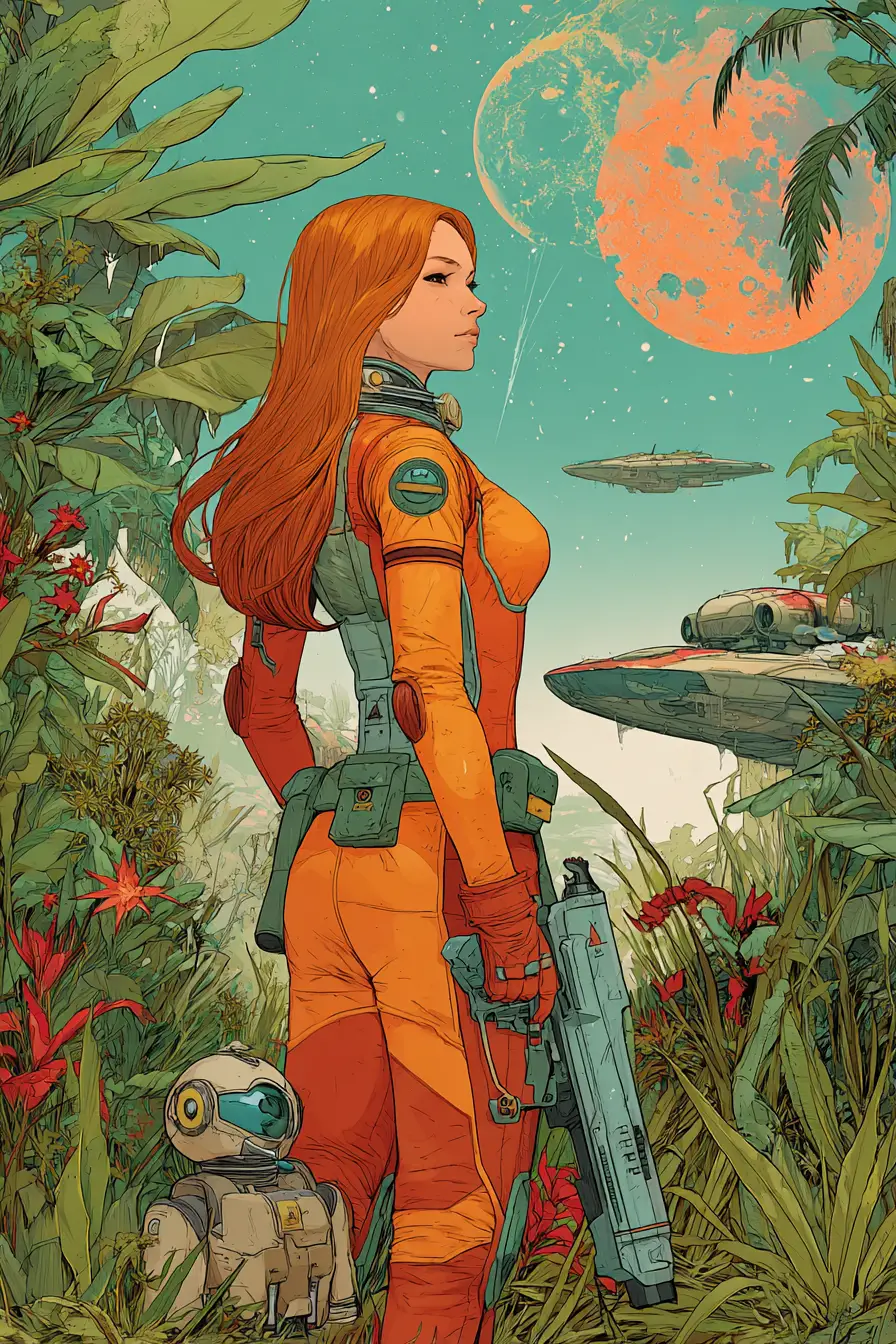 Futuristic space woman with ray gun in alien jungle