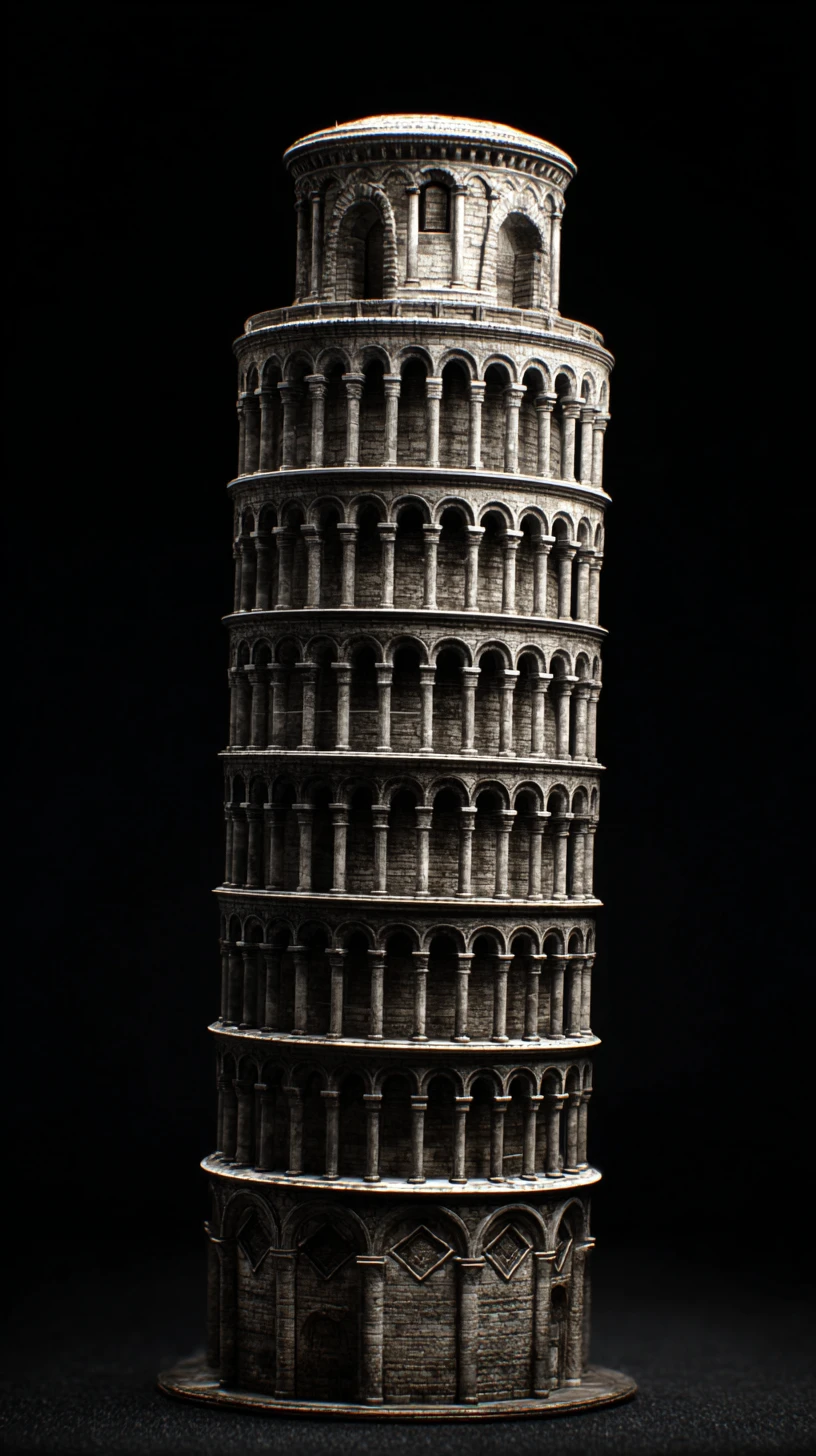 Leaning Tower of Pisa isolated against deep black background