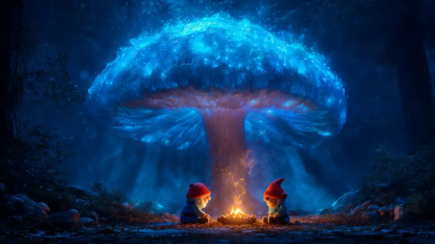 Giant Glowing Mushroom Above Gnomes In Enchanted Forest
