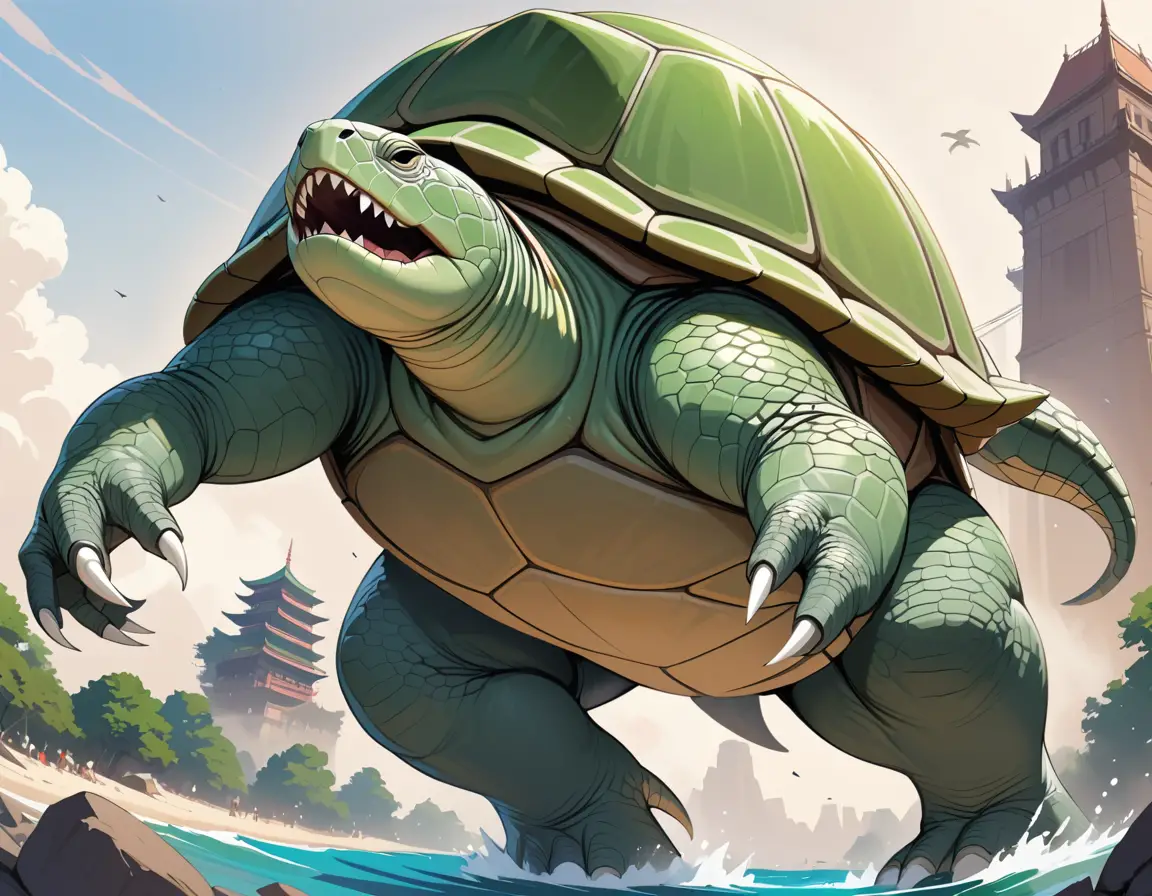 Giant fanged turtle with spiked shell in realistic detail