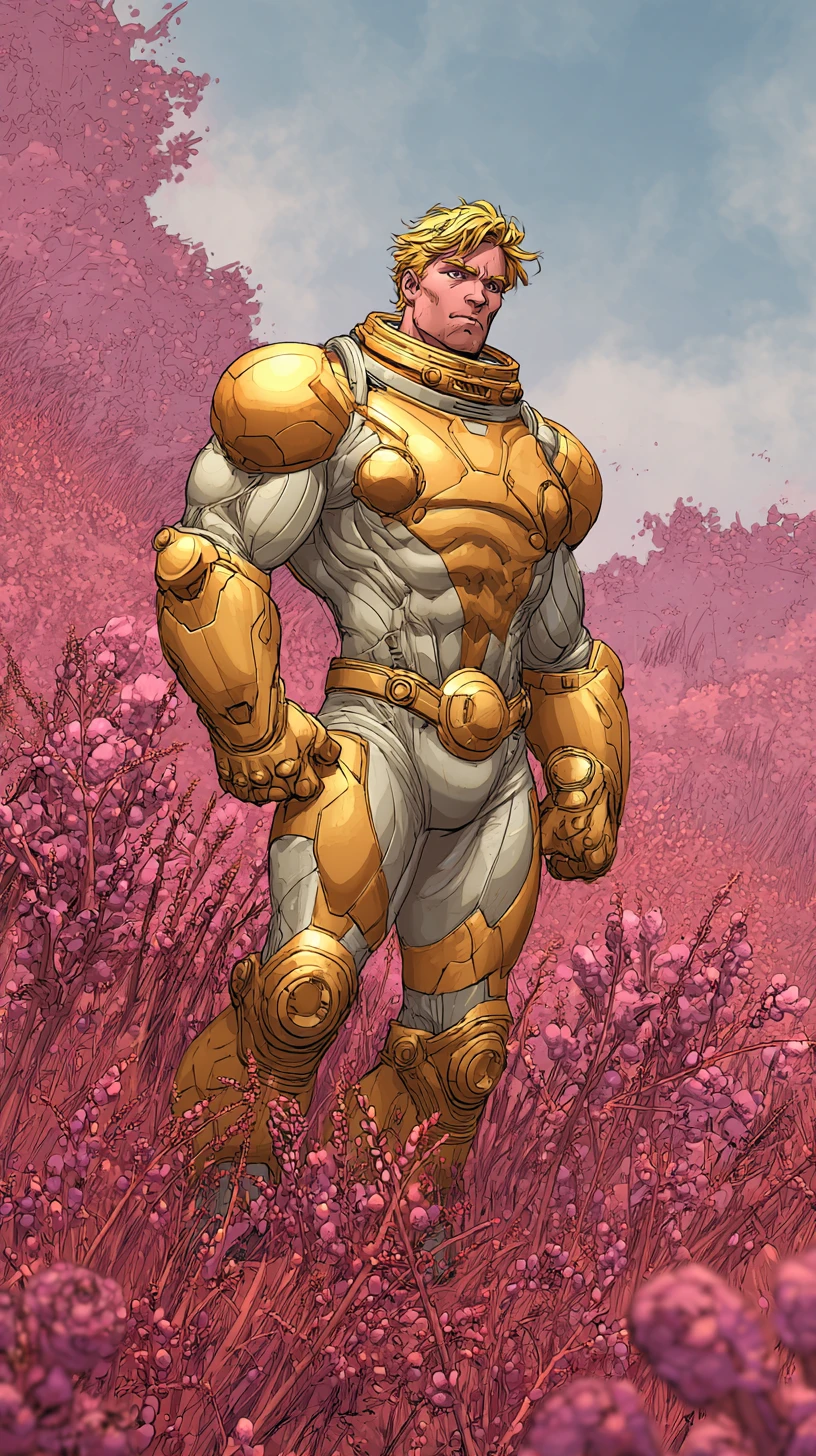 Muscular Astronaut In Gold Spacesuit On Alien Field