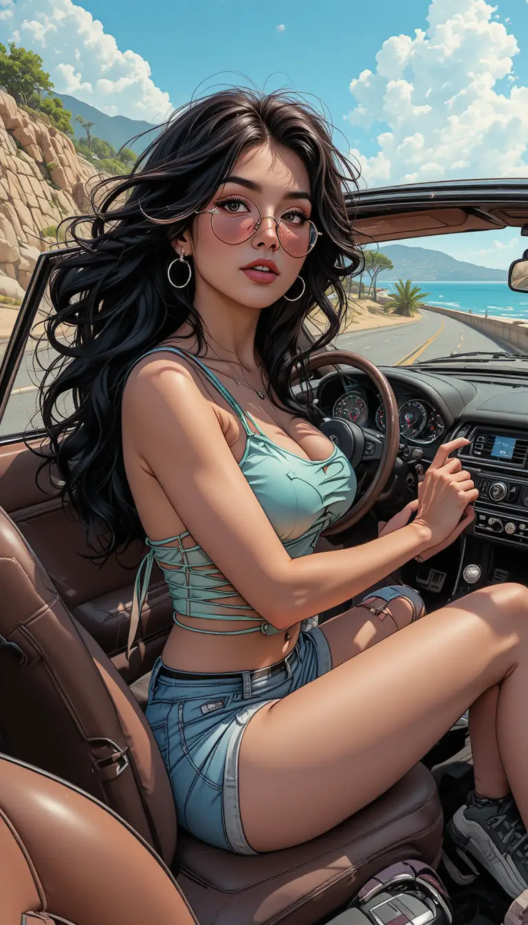 Dark haired woman driving a cabriolet on coastal road