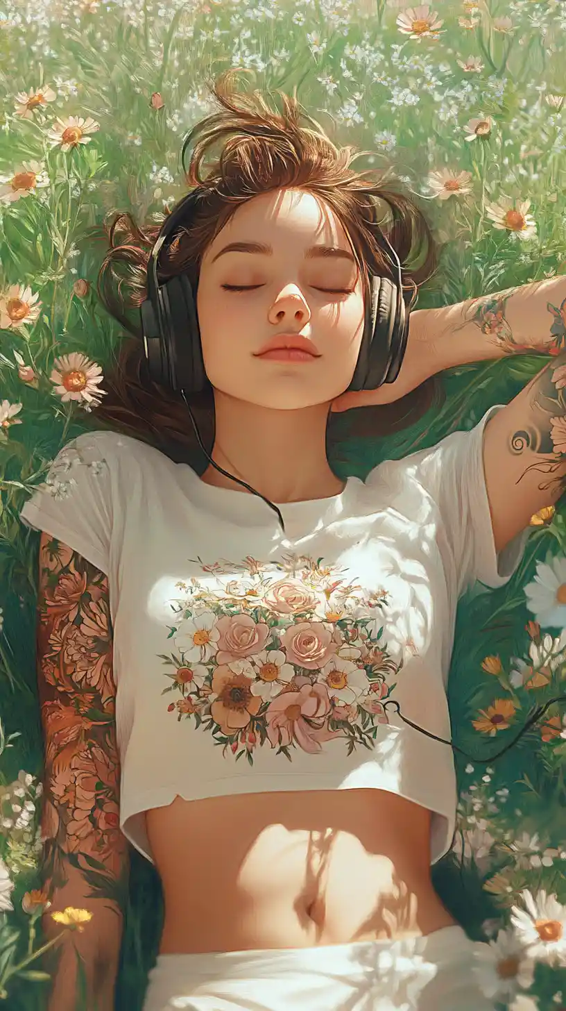 Young woman with floral tattoos resting in meadow