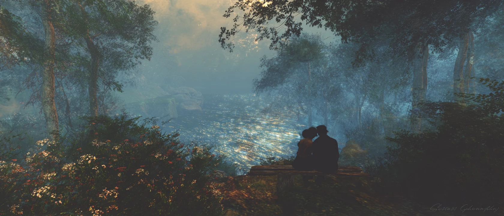 Surreal broken heart over healing forest and sea