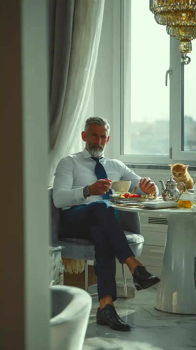 Airline pilot having breakfast with playful kitten in kitchen