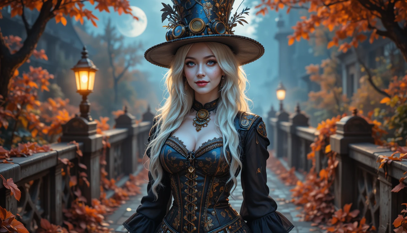Smiling platinum haired woman on a misty stone bridge