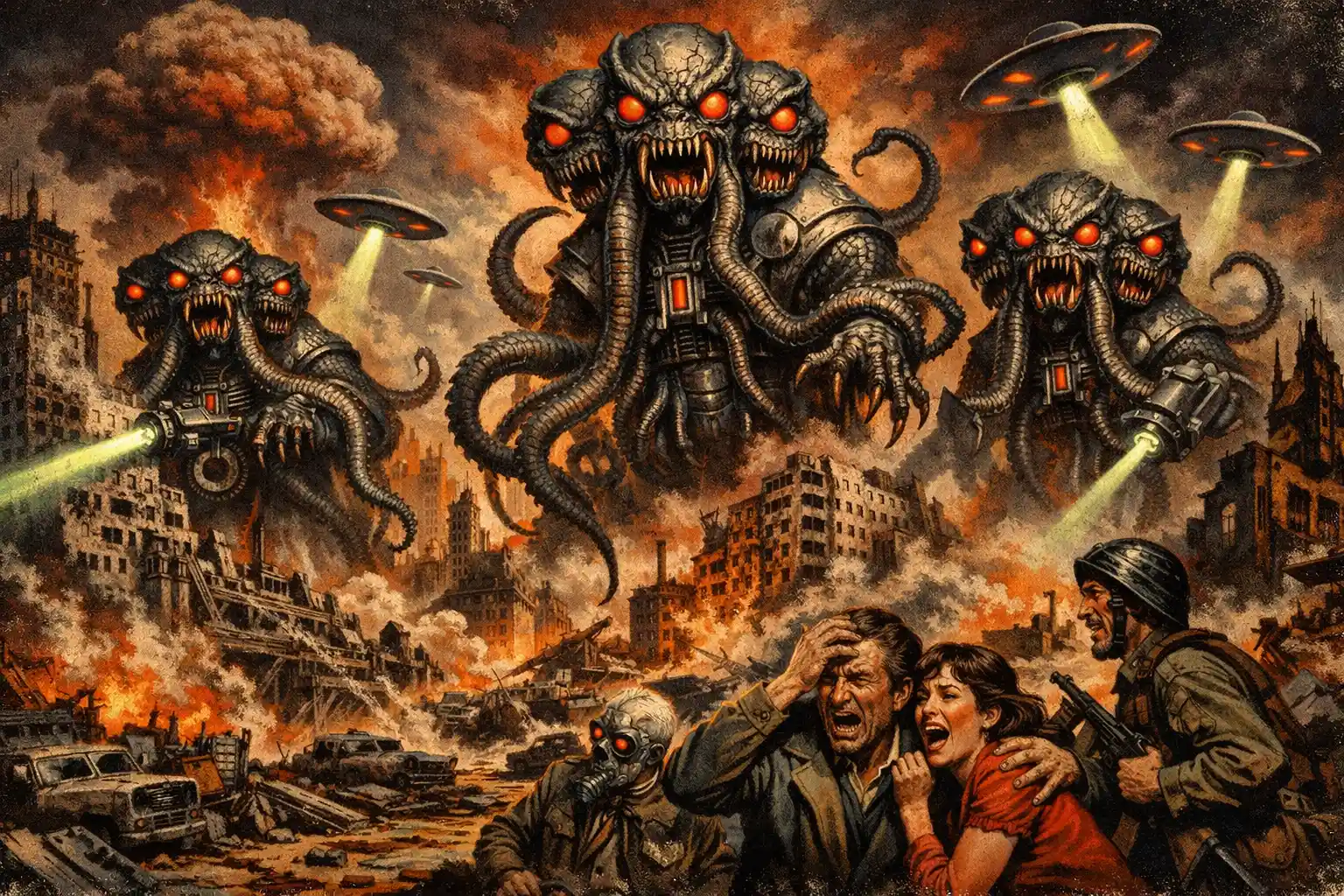 Monstrous invasion over a ruined post apocalyptic city