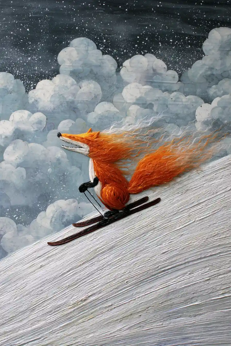 Joyful fox skiing down a snowy winter hillside