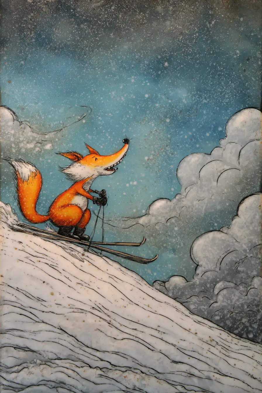 Fox skiing down a snowy hill in playful collage art