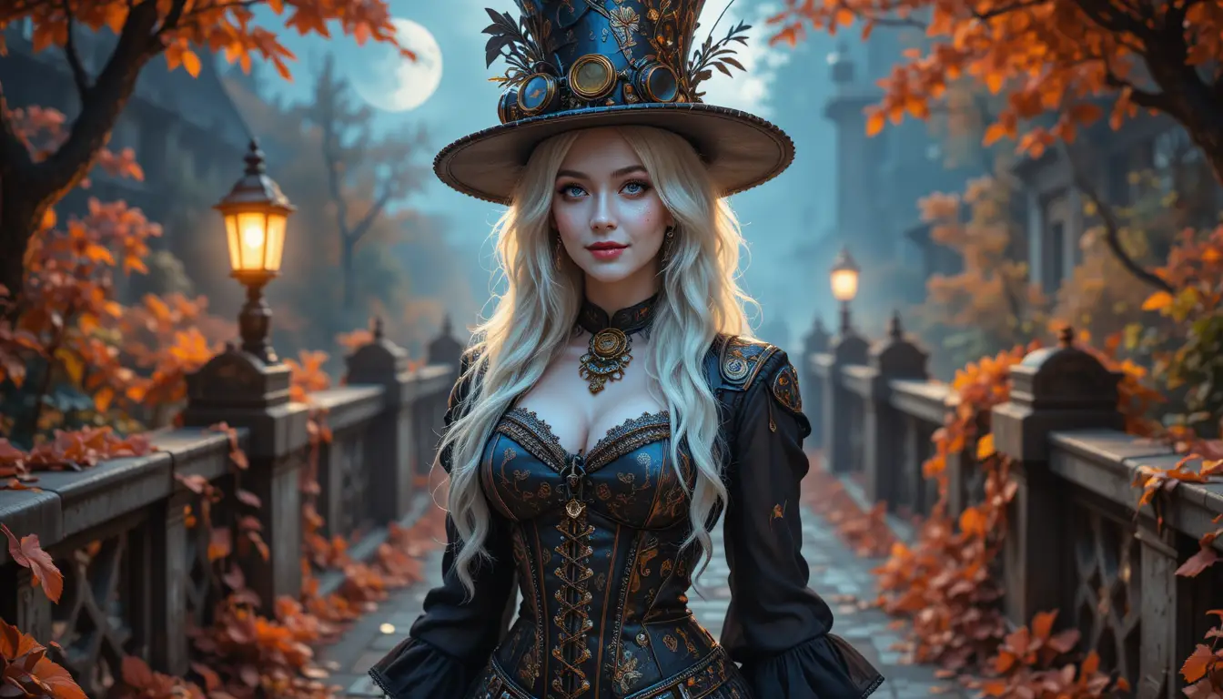 Smiling platinum haired woman on a misty stone bridge