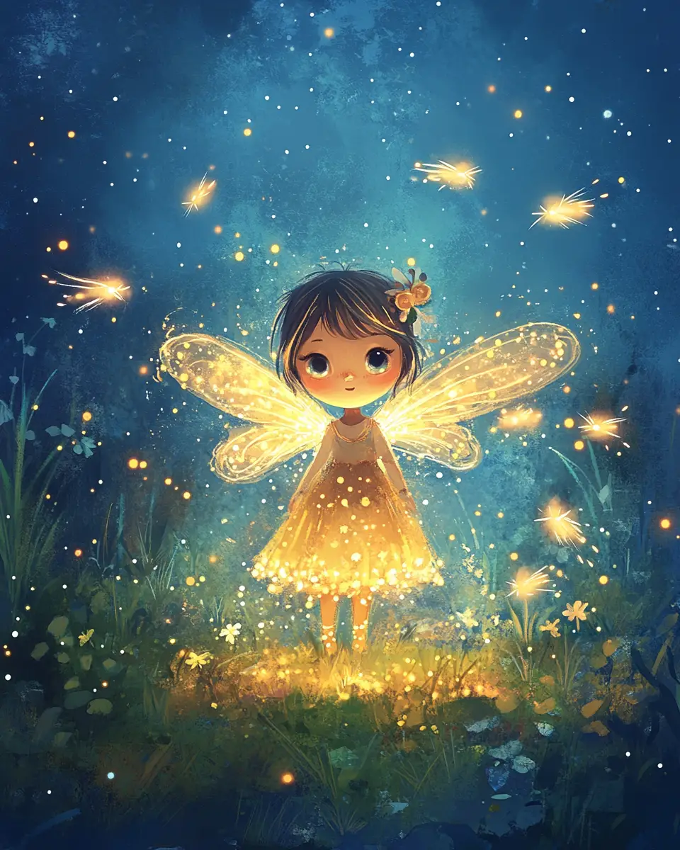 Summer fairy child glowing softly at twilight