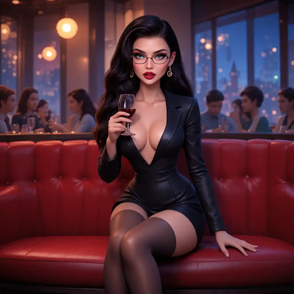 Curvy woman in black suit with wine in dim restaurant
