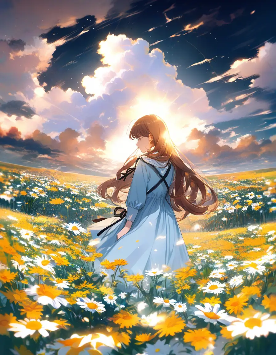 明亮日光下藍色洋裝女孩與雛菊花海