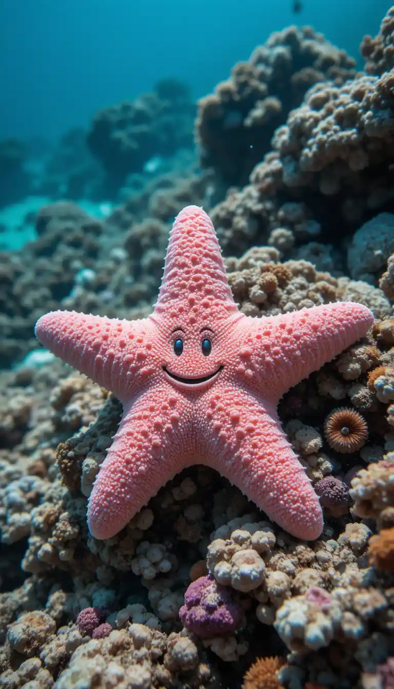 Lächelnder rosa Seestern zwischen Korallen im seichten tropischen Meer