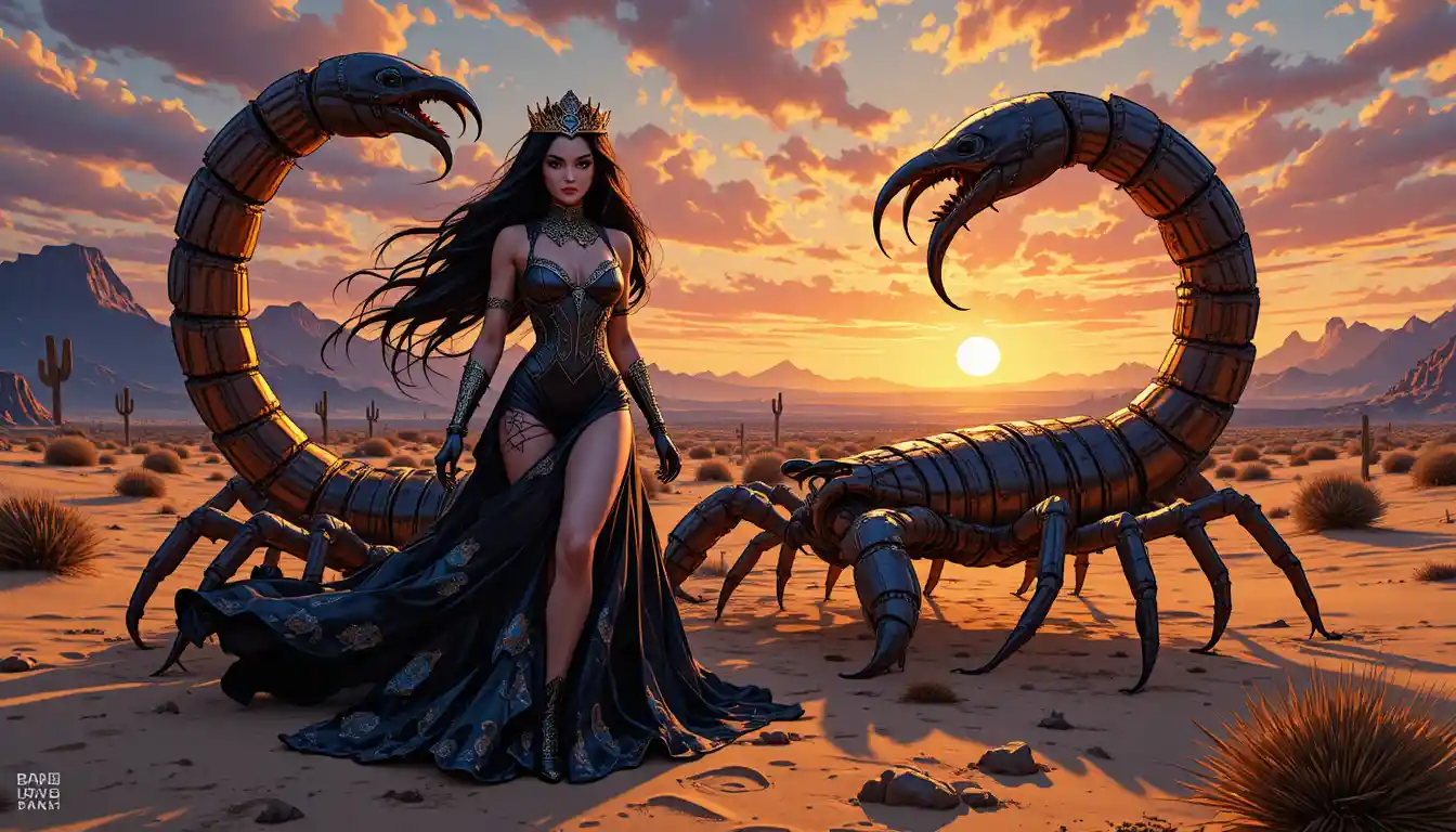 沙漠夕陽下與巨型蠍子並立的奇幻女王
