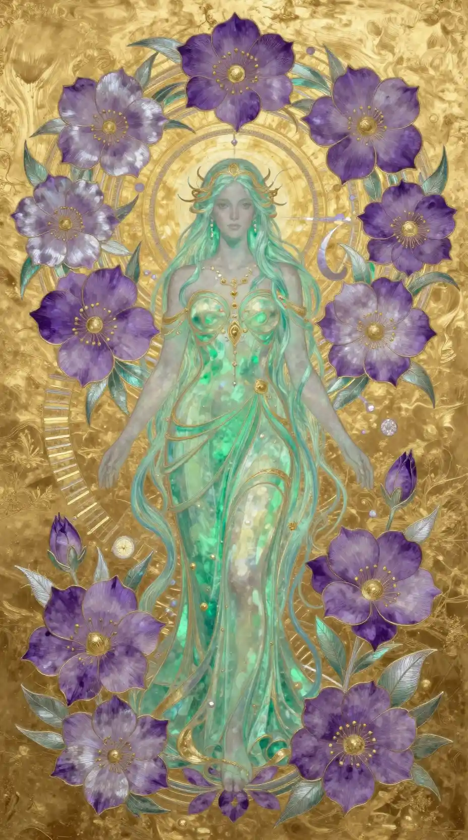 Fantasy woman surrounded by golden ratio floral harmony