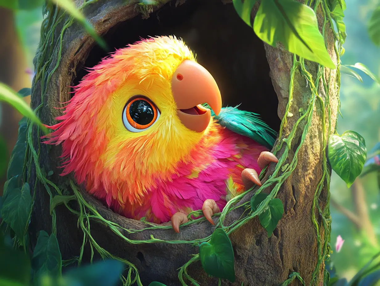 Colorful baby parrot chick in a hollow rainforest tree