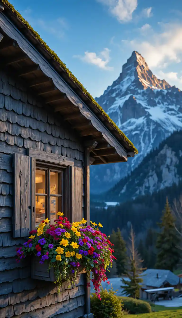 Ventana rústica de chalet alpino brillando a la hora dorada