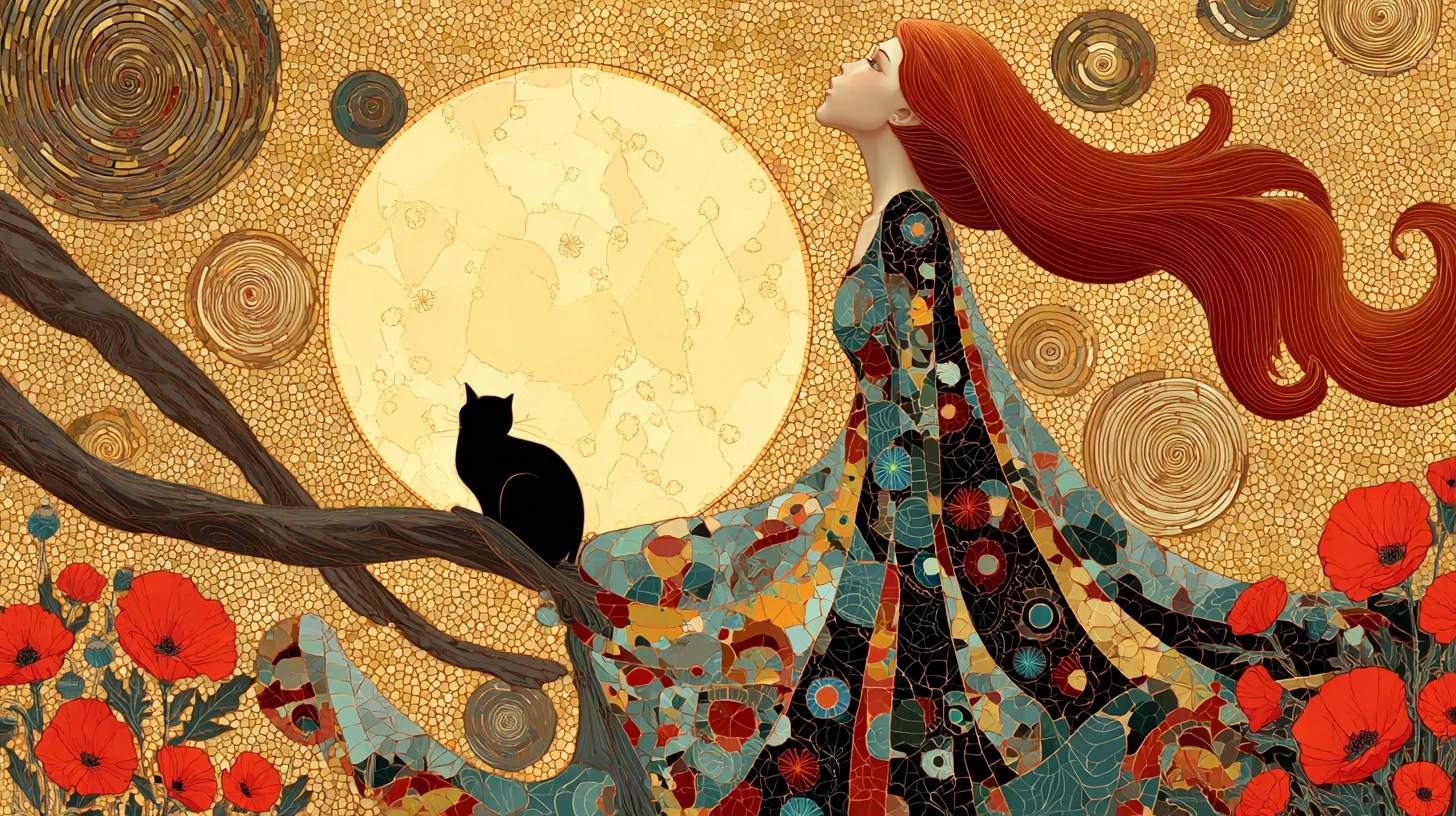 Surreal red haired woman in profile with moon and black cat