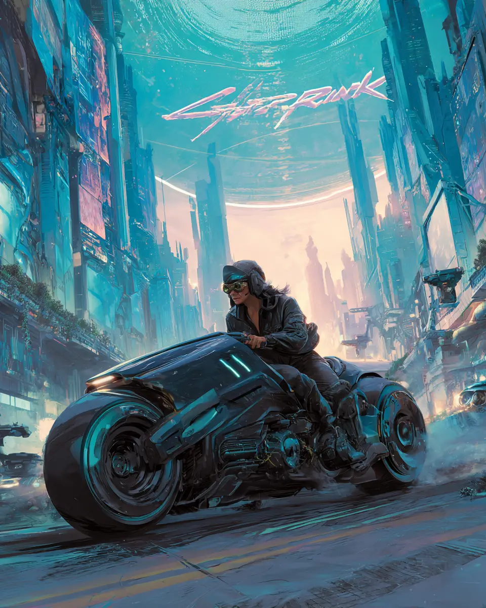 Futuristic sports car racing through neon city streets
