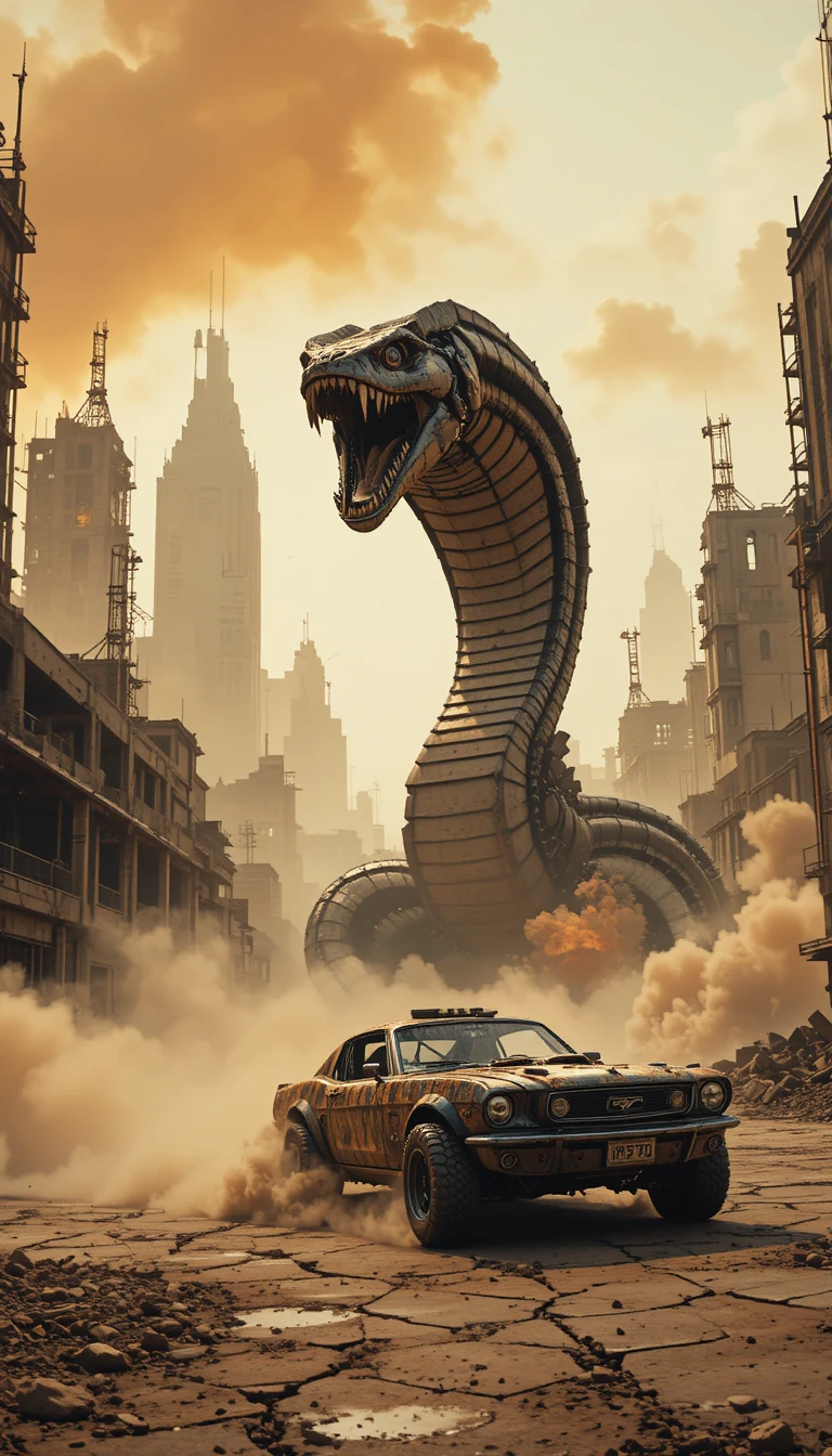 Coche blindado corriendo junto a una cobra mecánica gigante