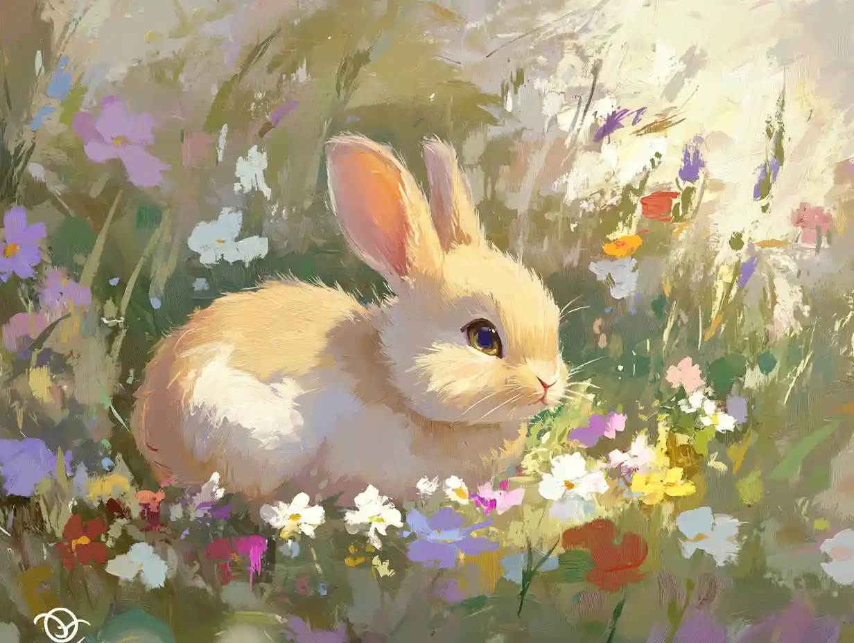 Baby rabbit resting among wildflowers in spring meadow