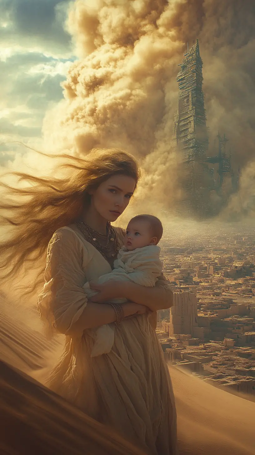 Desert woman holding baby against city and rising dust cloud